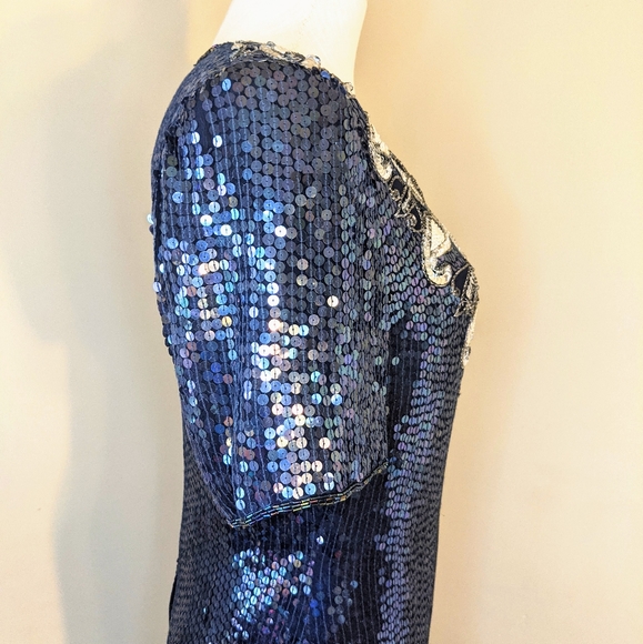 Vintage Silk Sequinned Blue Iridescent Cocktail Dress - Picture 6 of 11